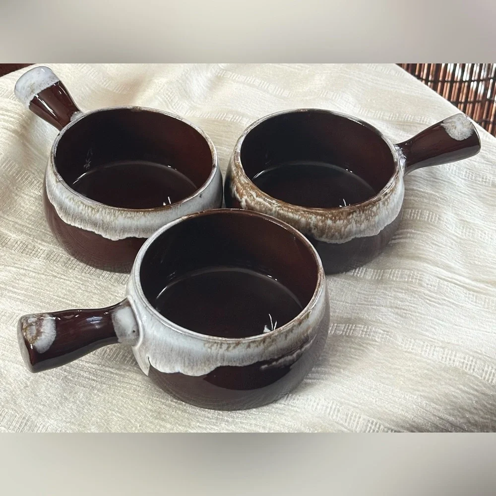 Vintage Japan French Onion Soup Bowls Set 3 Brown Drip Glaze Stoneware